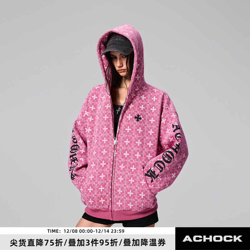 【Achock官方店】街头复古哥特字满印重工外套美式百搭连帽卫衣男