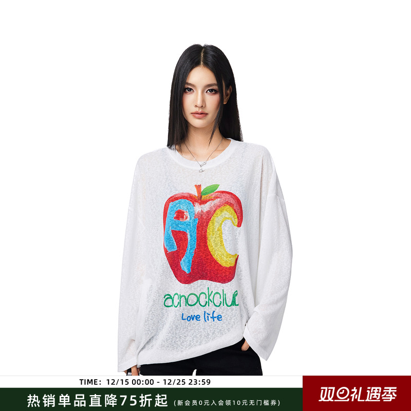 【Achock官方店】苹果字母印花打底上衣潮牌新款圆领长袖防晒罩衫