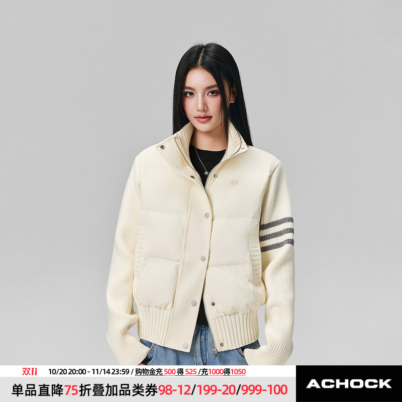 【Achock官方店】90白鸭绒正肩百搭针织袖羽绒服冬立领保暖面包服