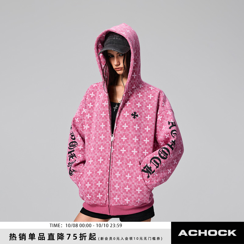 【Achock官方店】街头复古哥特字满印重工外套美式百搭连帽卫衣男