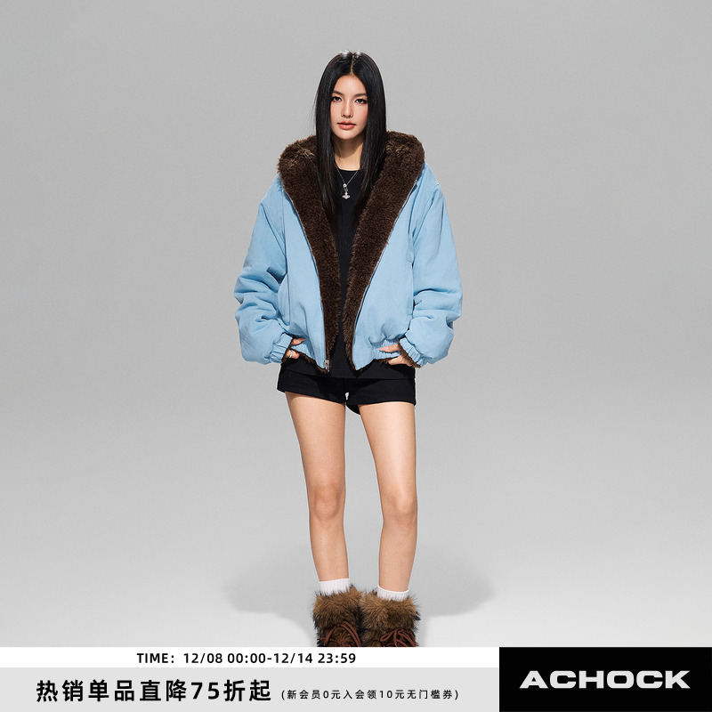 【Achock官方店】美式重磅字母刺绣双面穿连帽外套新款熊耳朵棉服