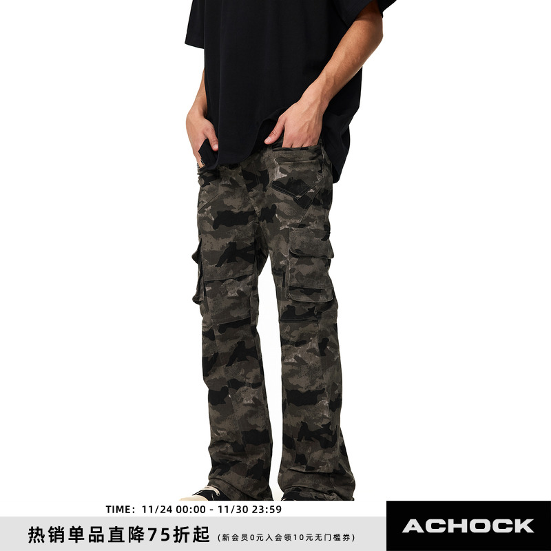 【Achock官方店】潮牌高街多口袋迷彩工装裤美式新款微喇休闲裤男