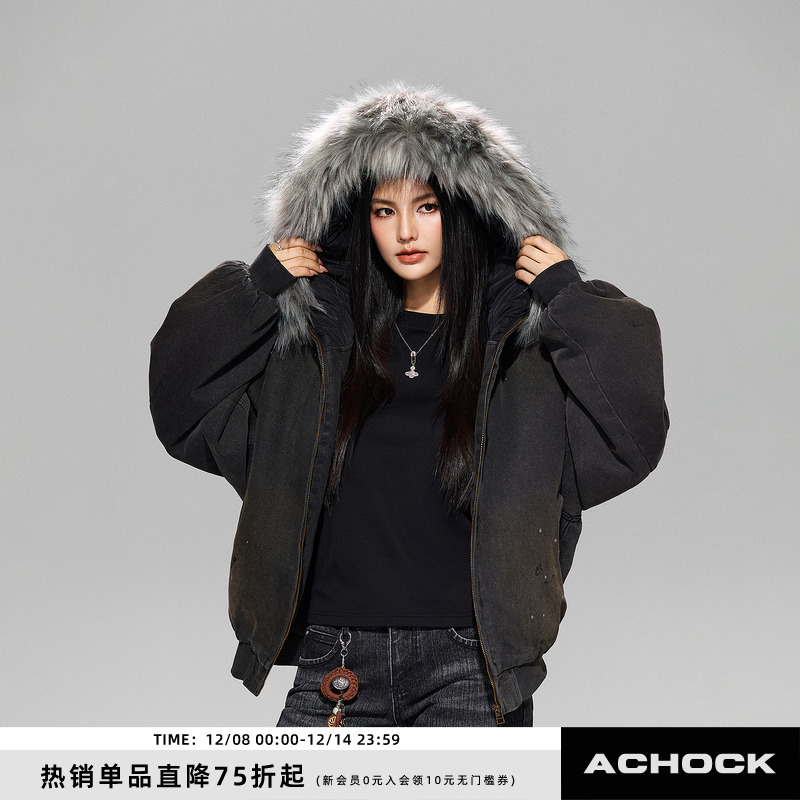【Achock官方店】重磅街头复古洗水做旧毛领棉衣秋冬新款棉服外套