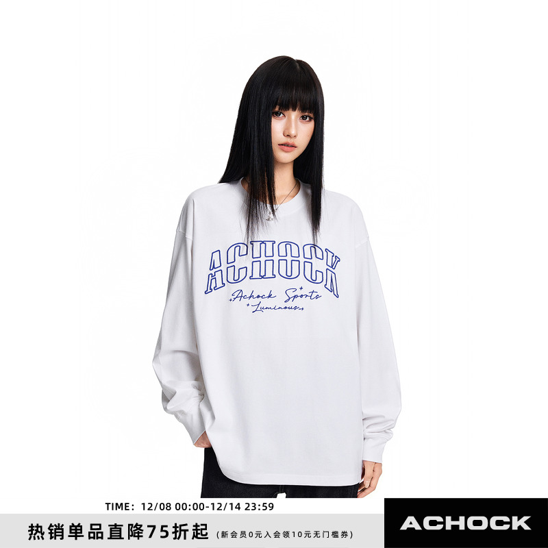 【Achock官方店】国潮重磅纯色字母打底长袖上衣高街新款情侣T恤