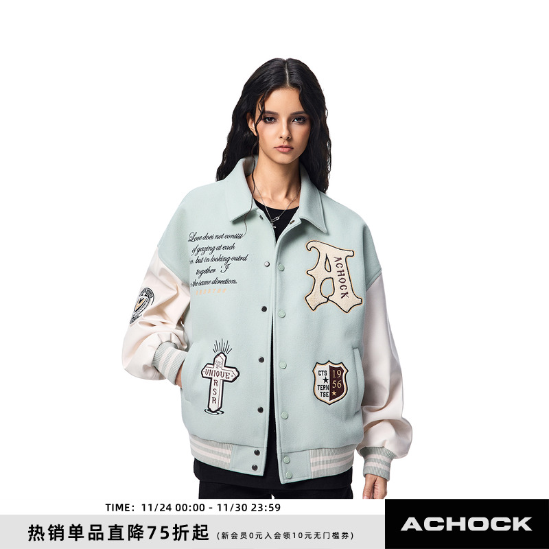 【Achock官方店】美式复古十字架棒球服重磅字母毛巾绣外套夹克男