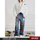 直筒阔腿长裤 国潮原创创意字母花瓣刺绣牛仔裤 Achock官方店