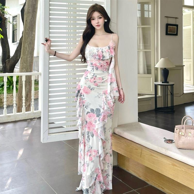 法式温柔纯欲风气质绝美荷叶边印花辣妹性感网纱高级感吊带连衣裙