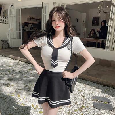修身跳舞学院风JK制服套装女海军领短袖上衣+高腰A字裙校园两件套