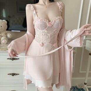 蜜糖少女性感纯欲蕾丝吊带睡衣女冰丝带胸垫镂空高级感家居服睡裙