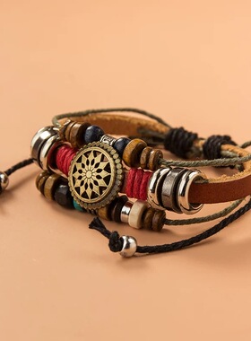 民族风牛皮手链个性复古串珠手镯男女情侣可调节网红饰品朋克手环