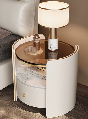 意式极简床头柜圆形卧室轻奢床边柜高级感实木储物收纳边柜免安装