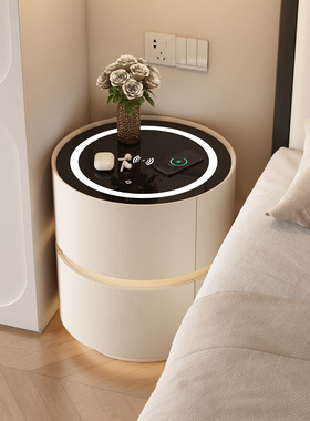 智能意式圆形床头柜轻奢多功能无线充实木现代简约家用卧室床边柜