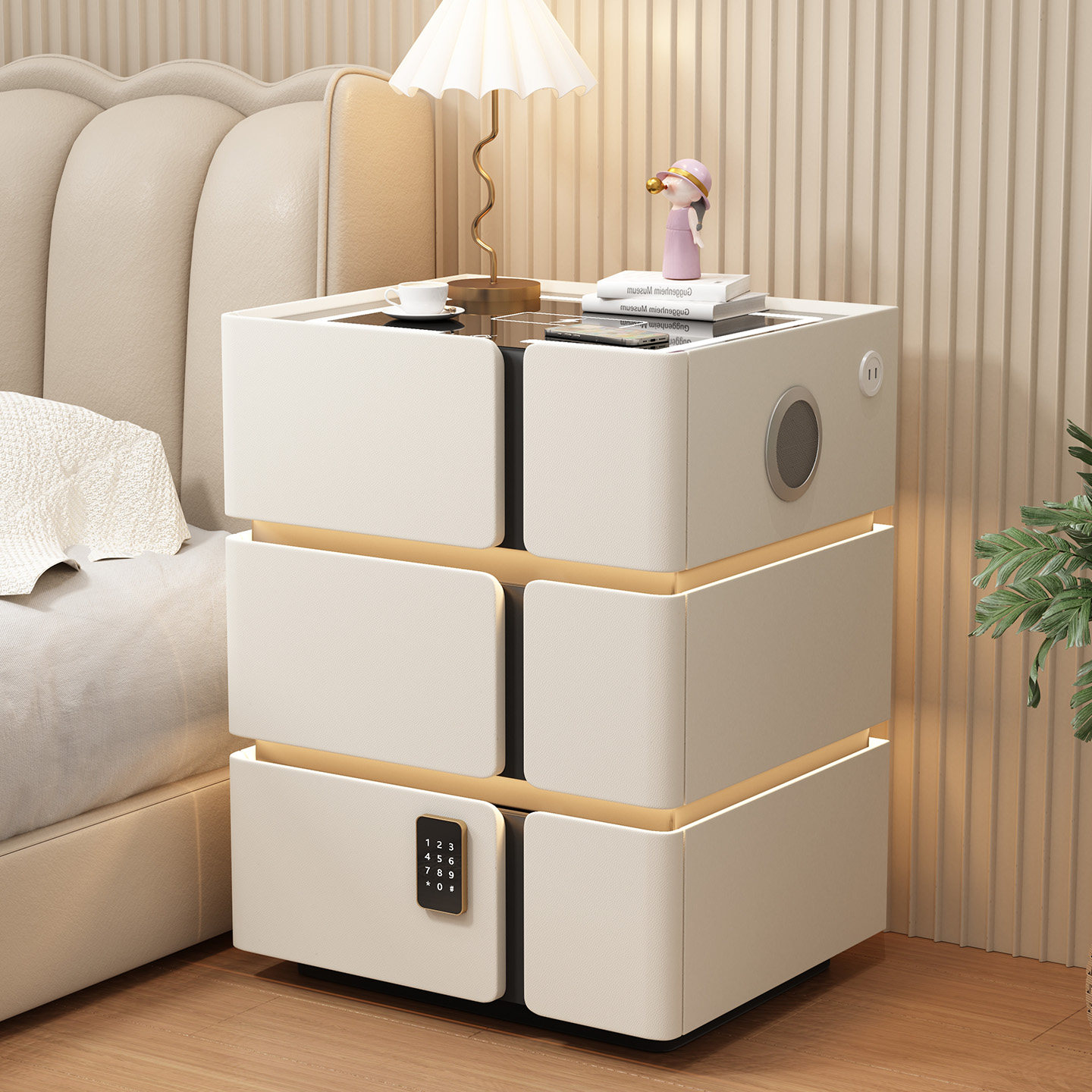 实木智能床头柜轻奢高级感无线充带锁现代简约卧室三层储物床边柜,住宅家具,床头柜,淘宝优惠券,粉丝福利购,淘宝优惠卷