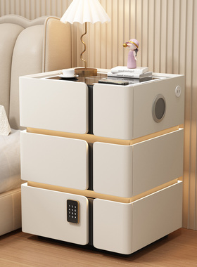 实木智能床头柜轻奢高级感无线充带锁现代简约卧室三层储物床边柜