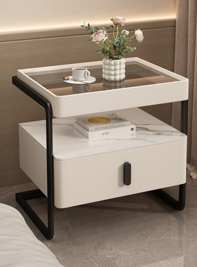 意式极简铁艺床头柜家用卧室实木茶色玻璃轻奢高级主卧岩板置物架