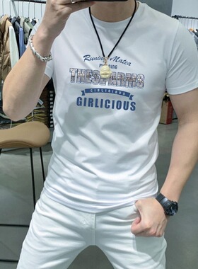 男士t恤短袖2023新款潮ins风字母印花爆款修身百搭休闲半袖上衣服