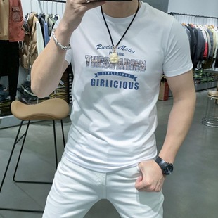 t恤短袖 百搭休闲半袖 2023新款 修身 上衣服 潮ins风字母印花爆款 男士