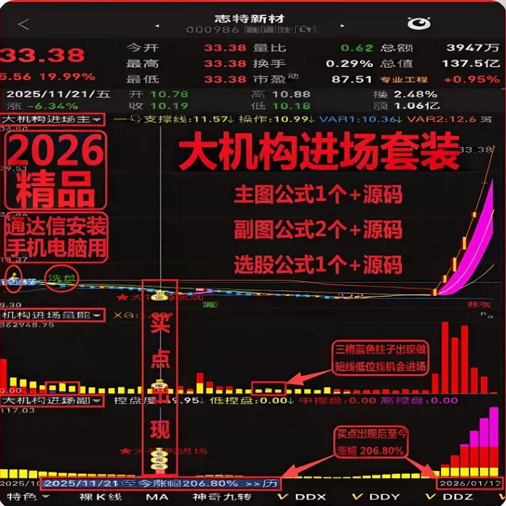 2026大机构进场套装通达信主副图选股源码精准低位启动波段中短线