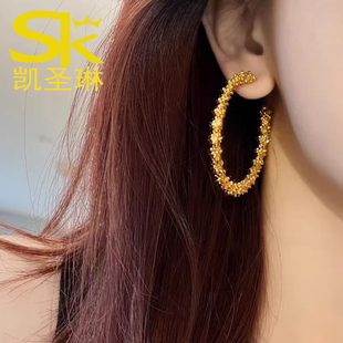 黄金碎金子耳钉女999足金碎碎冰耳圈时尚新款耳饰5D硬金耳环送礼