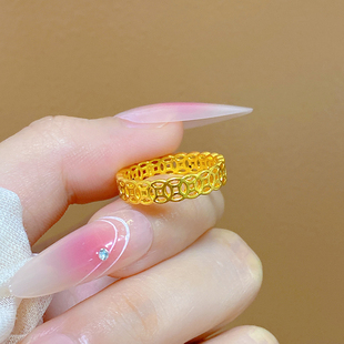 黄金钱币戒指女999足金铜钱食指戒3D硬金新款金币指环送女友礼物
