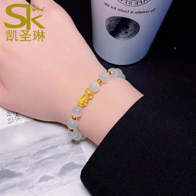 999足金貔貅手链白猫眼石转运珠