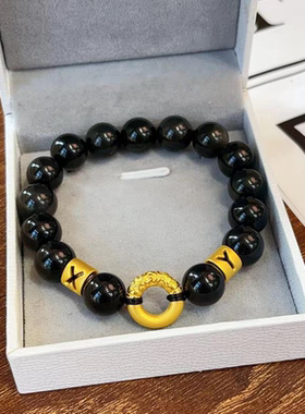 黄金平安扣字母手链新款999足金男款手饰时尚黑曜石金手链送男友