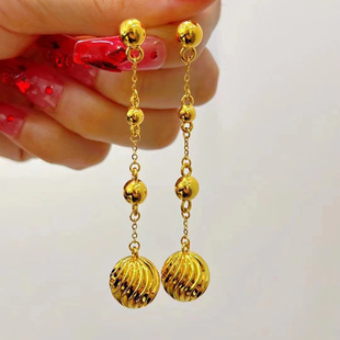 5D黄金流苏耳坠999足金长款光珠耳钉时尚新款气质纯金耳环送礼女