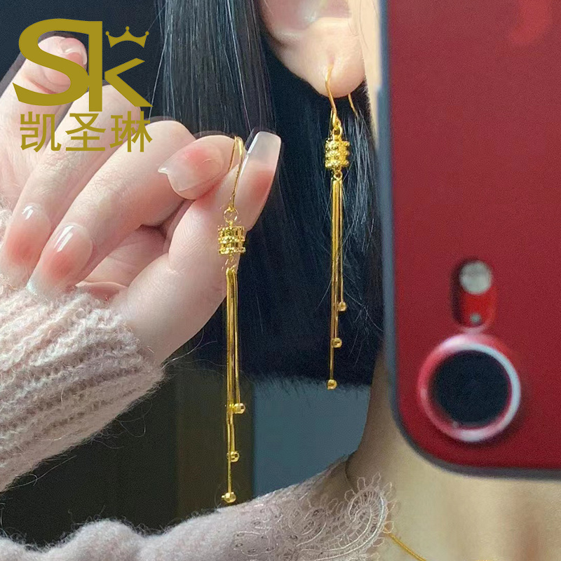 黄金小蛮腰耳环女款999足金长款流苏耳线时尚新款纯金耳饰送女友