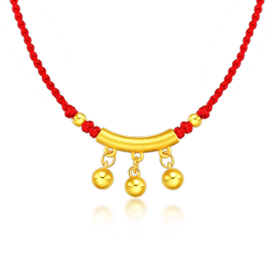 黄金弯管铃铛手工编绳项链女999足金本命年红绳锁骨链吊坠3D硬金