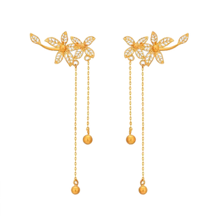 5G黄金树叶流苏耳钉999足金花朵水滴耳环复古新款纯金耳线送女友