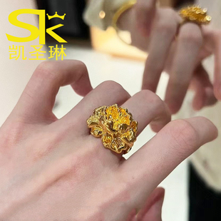 黄金牡丹花戒指女999足金大花指环新款5D硬金大气花朵金戒指正品