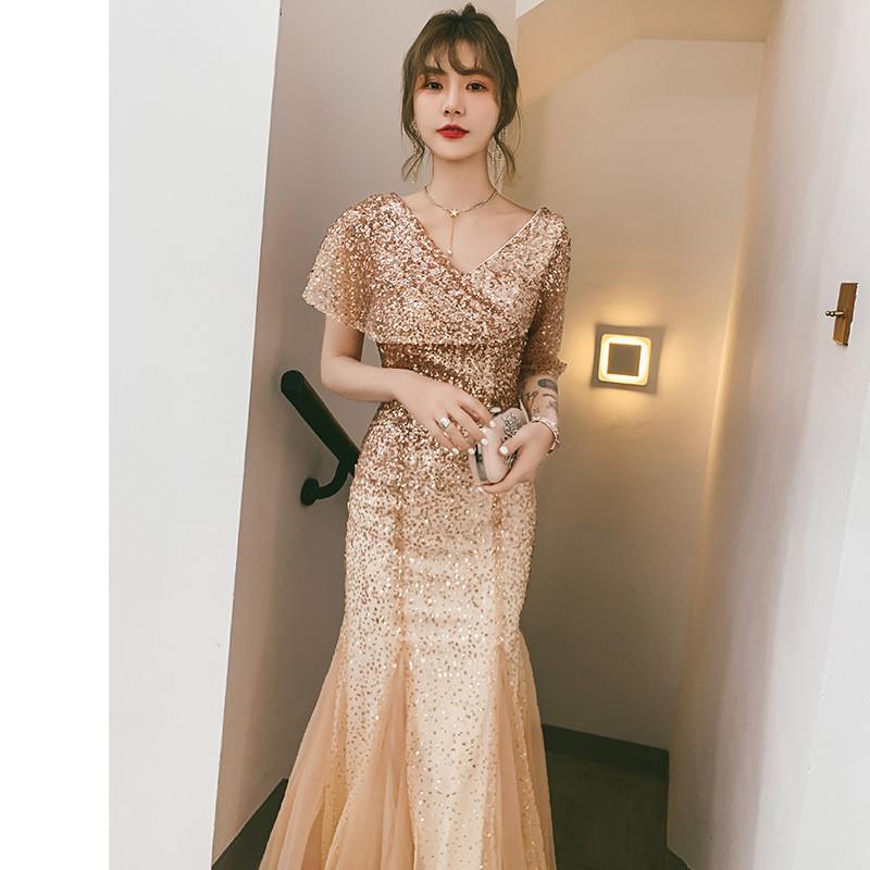 金色晚礼服裙轻奢小众高端宴会气质时尚主持人礼服女法式长款晚装