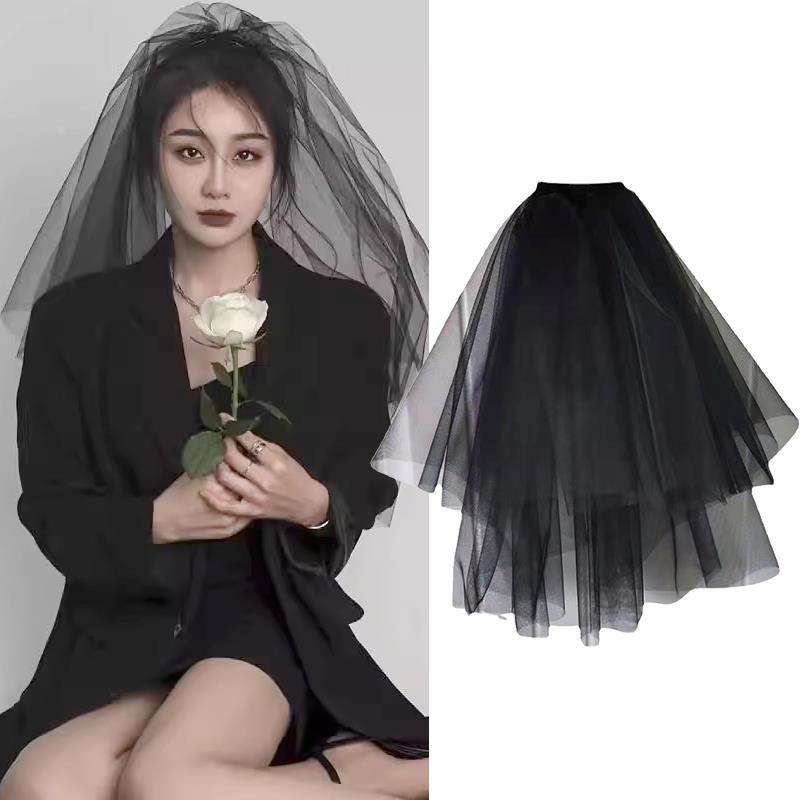 领证登记拍照道具头纱l新娘蝴蝶结求婚头饰黑色多层蓬蓬纱影楼头