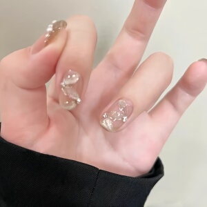 高级感纯手工手绘飘带晶石猫眼纯欲温柔显白日常短甲可拆卸指甲贴