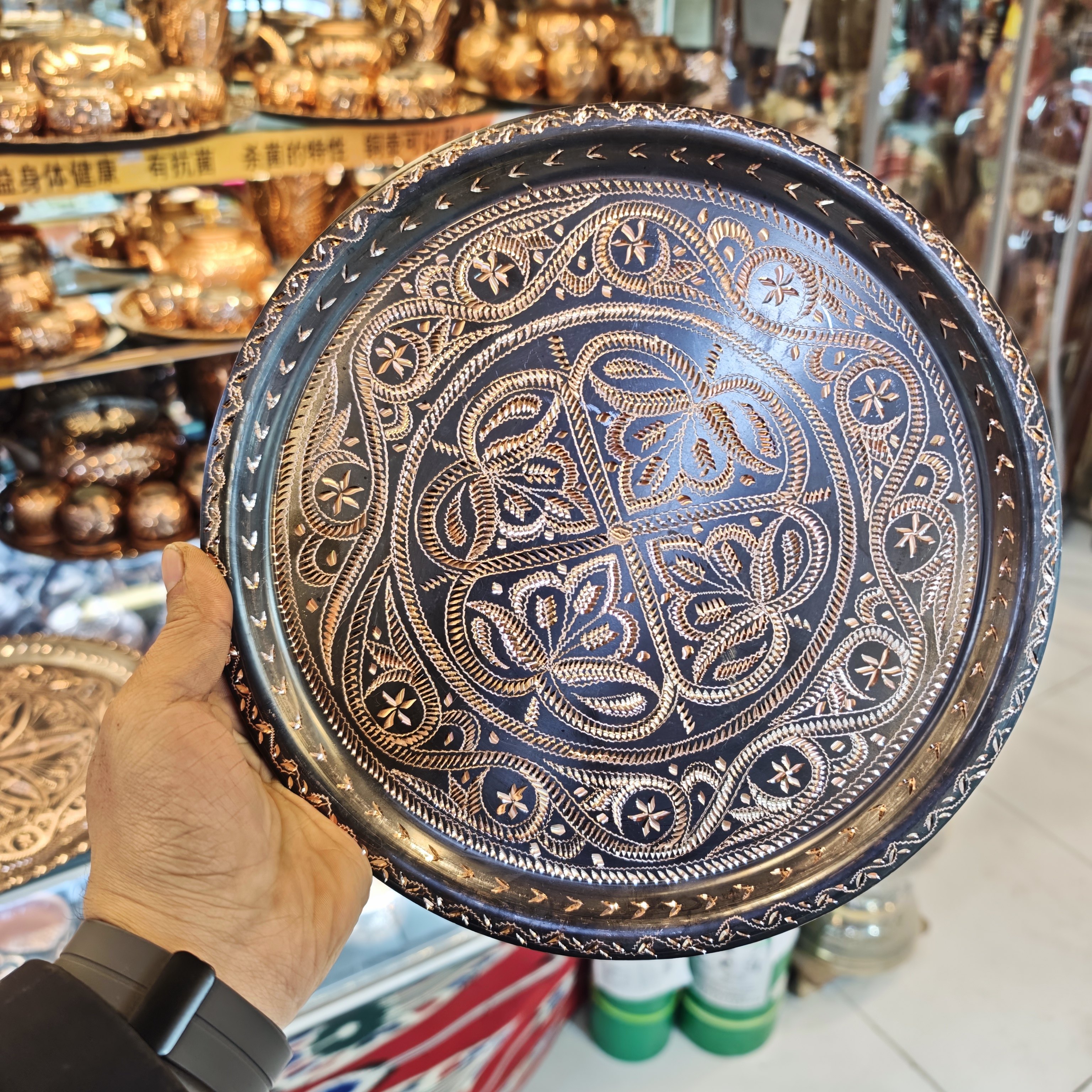纯铜手工雕刻盘铜盘子工艺品装饰盘挂盘新疆工艺品喀什新疆伴手礼