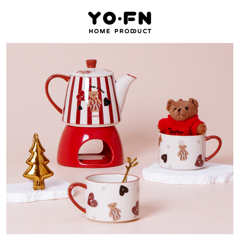 圣诞礼物新婚礼物生日礼物女生茶具套装陶瓷茶杯「原创条纹小熊」