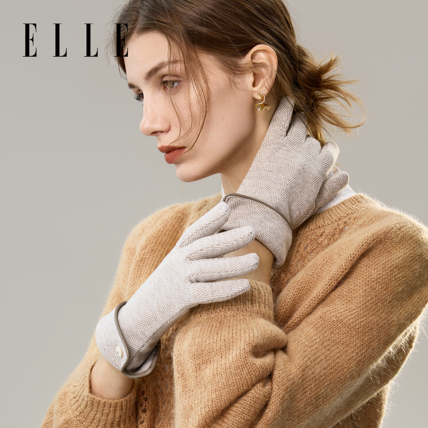 ELLE保暖分指手套女士秋冬季户外加绒加厚可触屏开车人字纹羊皮革
