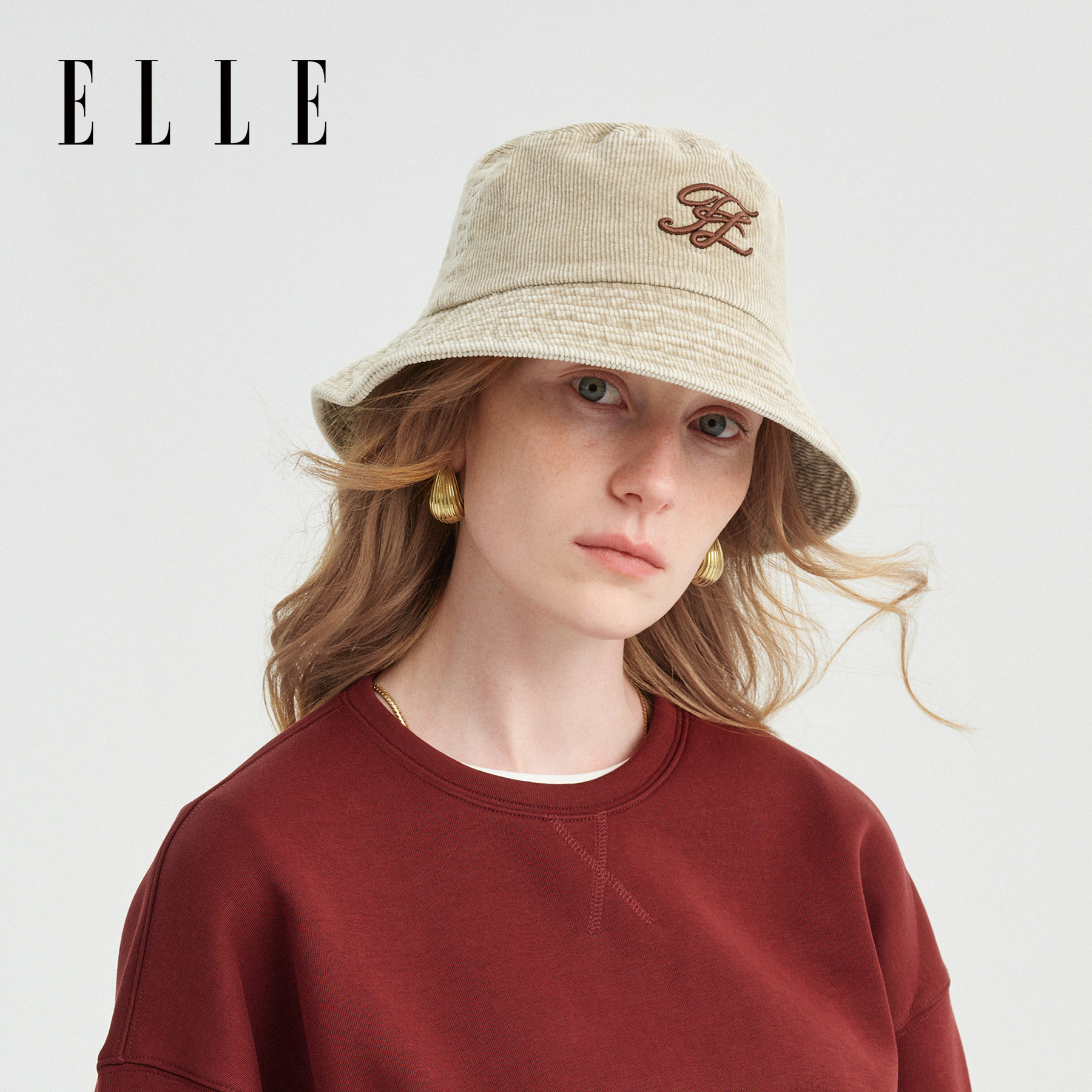 ELLE纯棉灯芯绒渔夫帽女士秋冬季保暖时尚百搭复古显脸小刺绣盆帽