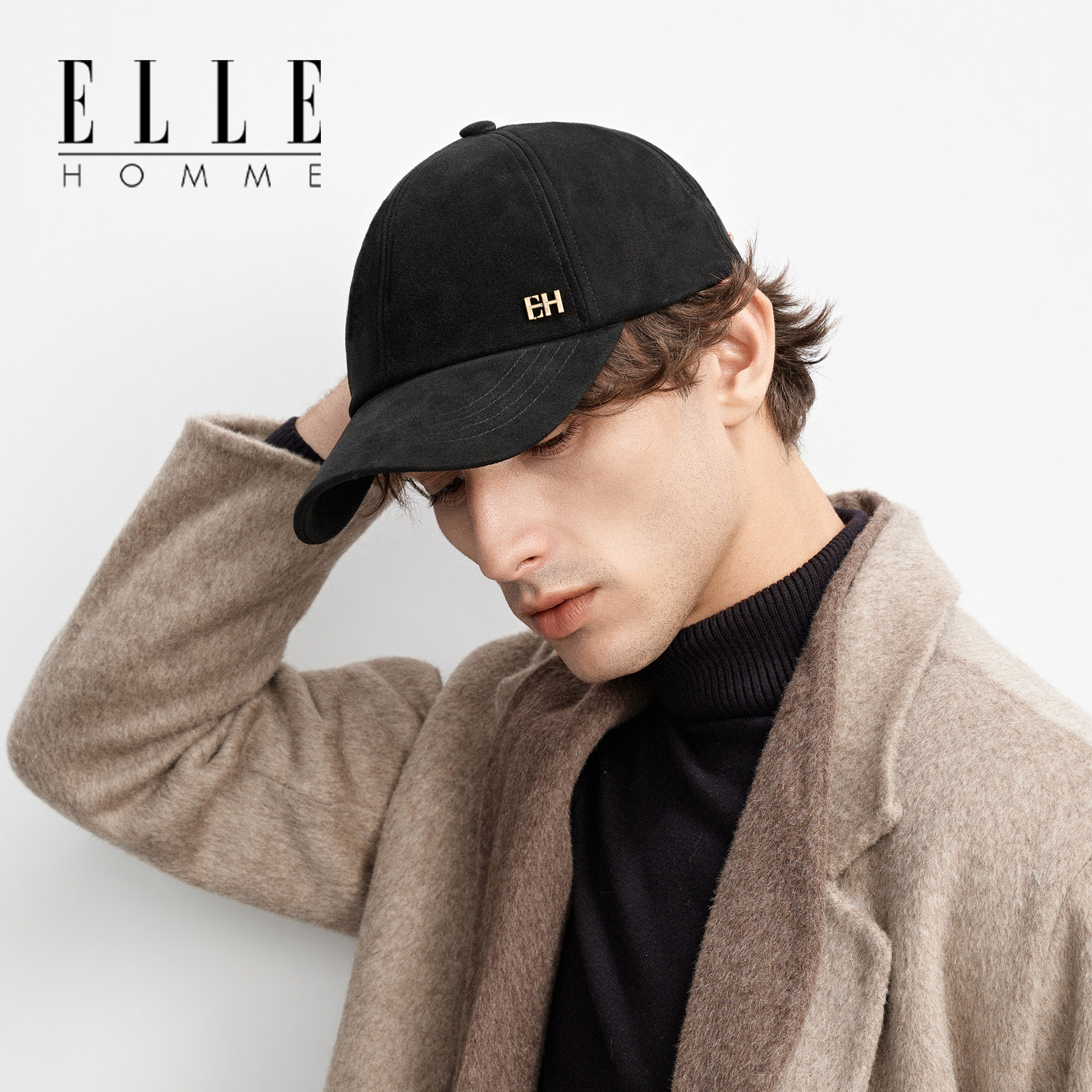 ELLE HOMME真皮鸭舌帽男士秋冬季时尚软顶大头围羊反绒羊皮棒球帽