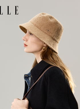 ELLE双面戴羊毛渔夫帽子新款女士时尚百搭气质显脸小毛绒麂皮盆帽