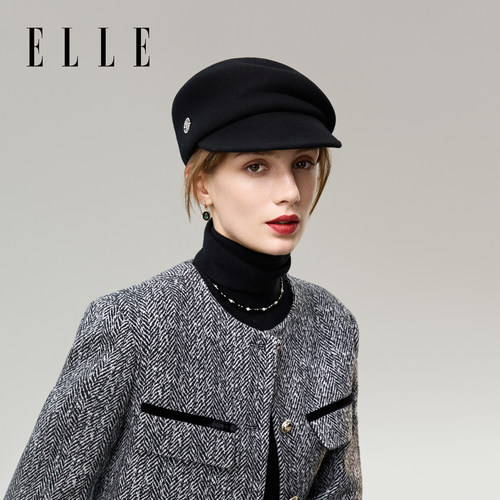 ELLE压褶定型鸭舌帽100%绵羊毛
