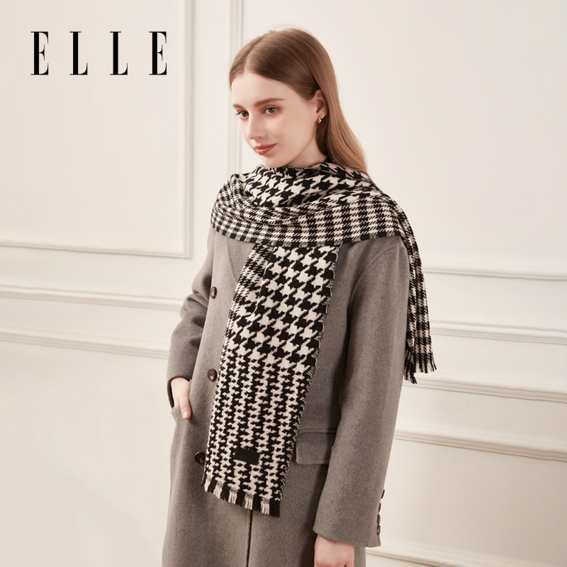 ELLE秋冬季千鸟格女围巾100%羊毛