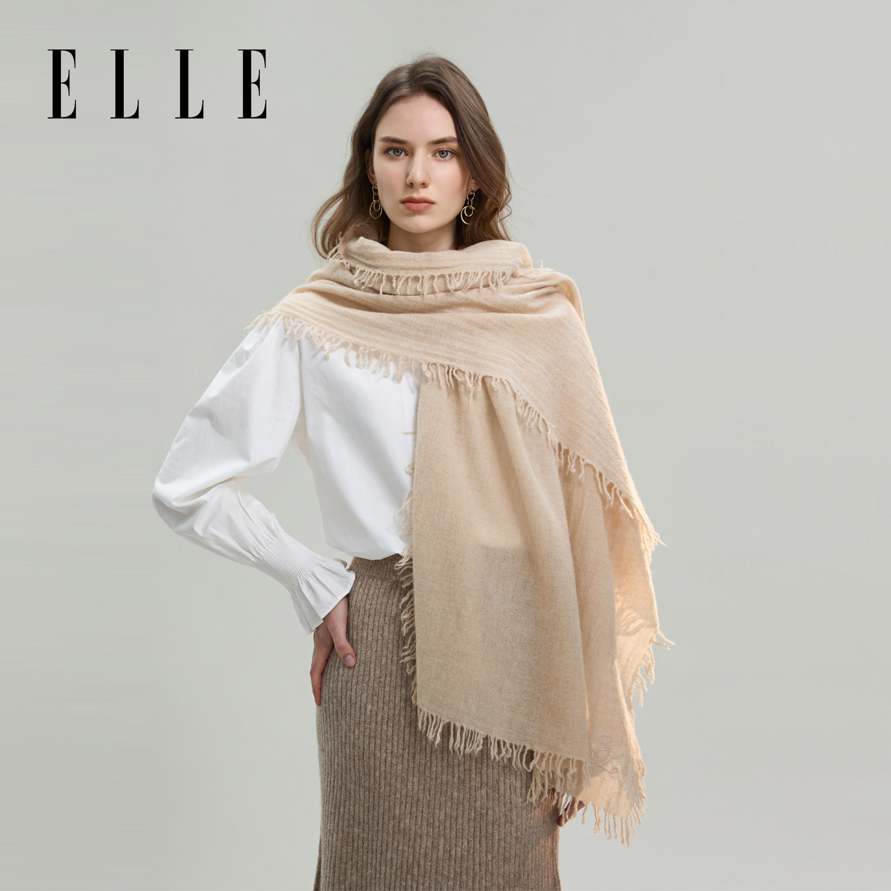 ELLE100%绵羊毛刺绣围巾女士秋冬户外保暖时尚百搭大尺寸披肩护肩,服饰配件/皮带/帽子/围巾,围巾/丝巾/披肩,淘宝优惠券,粉丝福利购,淘宝优惠卷