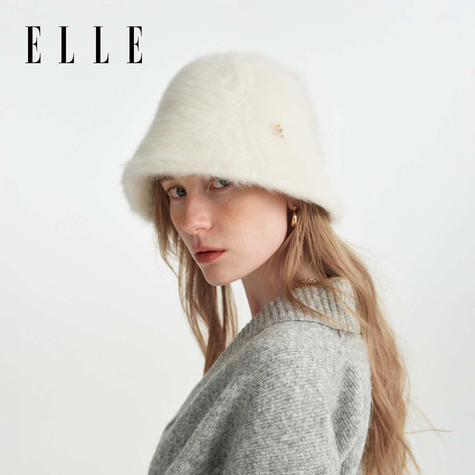 ELLE兔毛渔夫帽女士秋冬季保暖时尚遮脸显脸小定型水桶帽毛绒盆帽