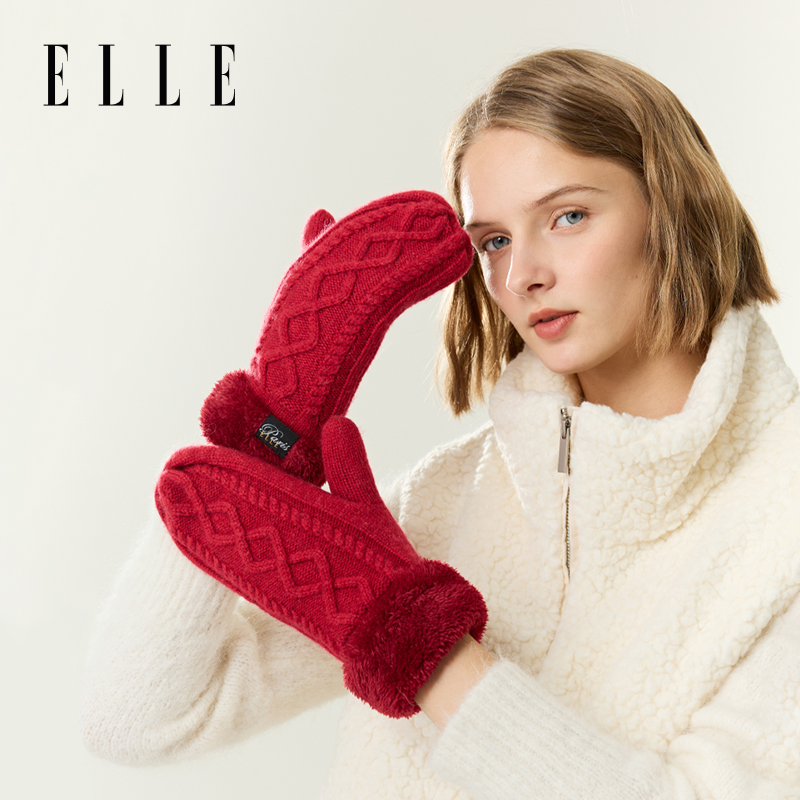 ELLE红色羊毛针织手套女秋冬季户外保暖百搭加绒加厚防寒时尚包指