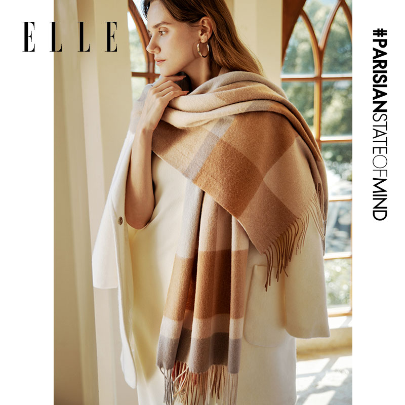 ELLE纯羊毛格子围巾女冬季礼盒装