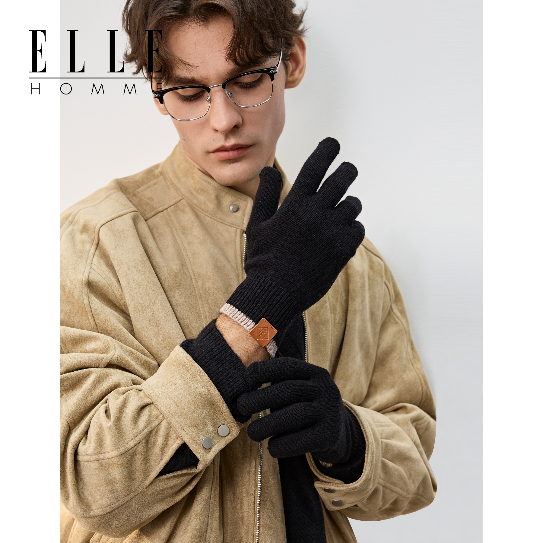 ELLEHOMME男士100%羊毛针织手套