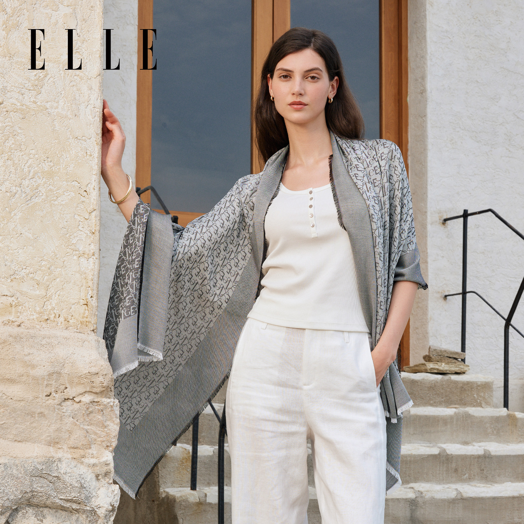 ELLE莫代尔披肩秋冬女空调房保暖护肩logo提花长巾大尺寸围巾薄款