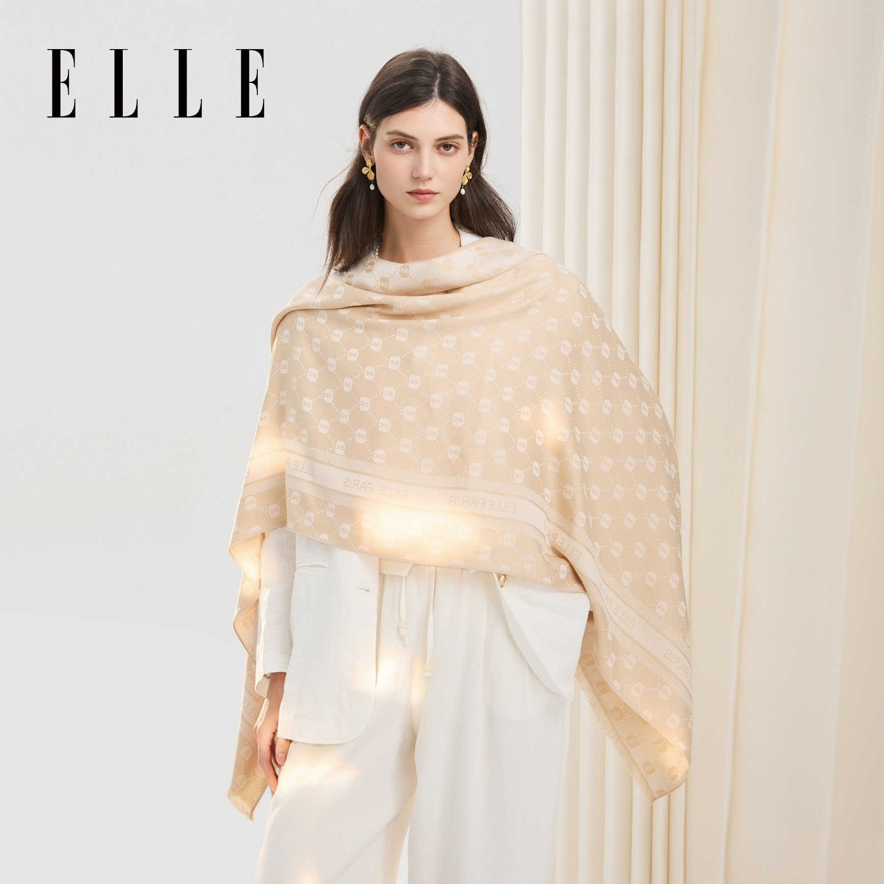 ELLE披肩女士夏季办公室空调房保暖大尺寸提花围巾送礼礼盒装斗篷