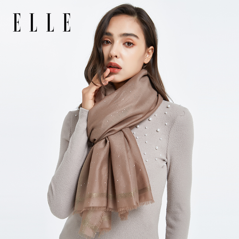 ELLE100%羊毛围巾银线提花方巾女士秋冬季保暖披肩围脖送礼礼盒装